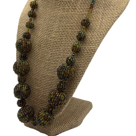 New Artisan Handmade Beaded Necklace Iridescent Green Tones Beads Chunky - Picture 4 of 10
